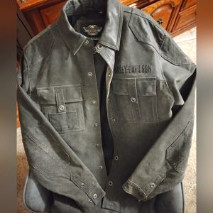 Harley Davidson Mens Grey Distressed Leather Shirt Jacket - Excellent Pre-Owned